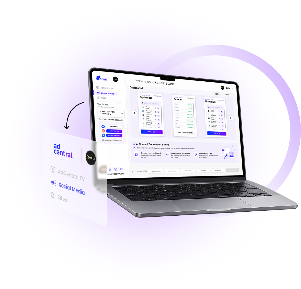 AdCentral dashboard on a laptop with digital signage, social media, and website controls.