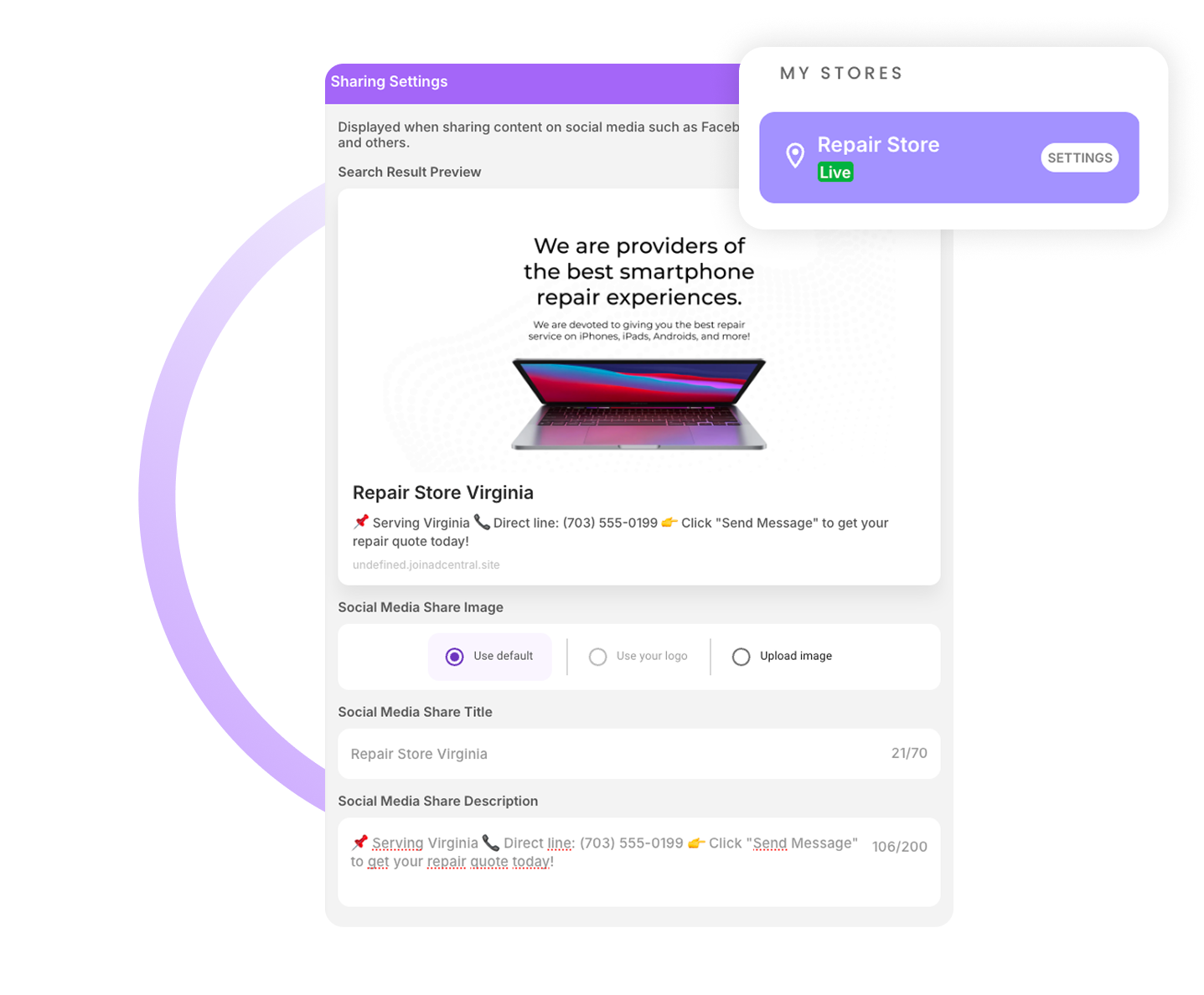 Open Graph sharing settings showing a link preview and options to use the default image, logo, or upload an image.